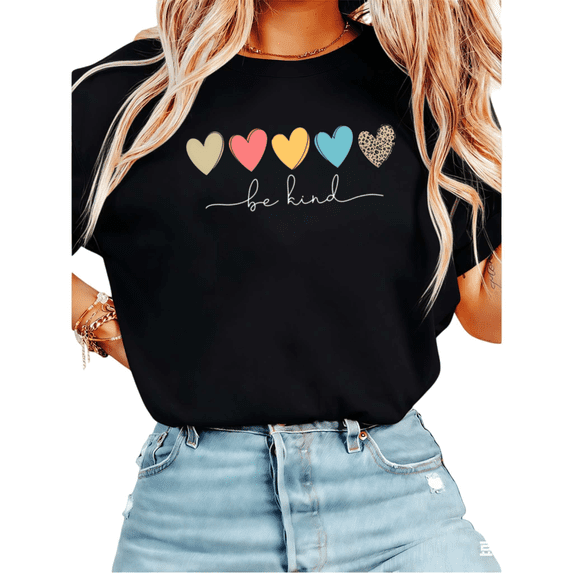 Women Be Kind Leopard Heart Graphic Tees T-Shirt Tops Round Neck Cotton T-Shirt White S-5XL