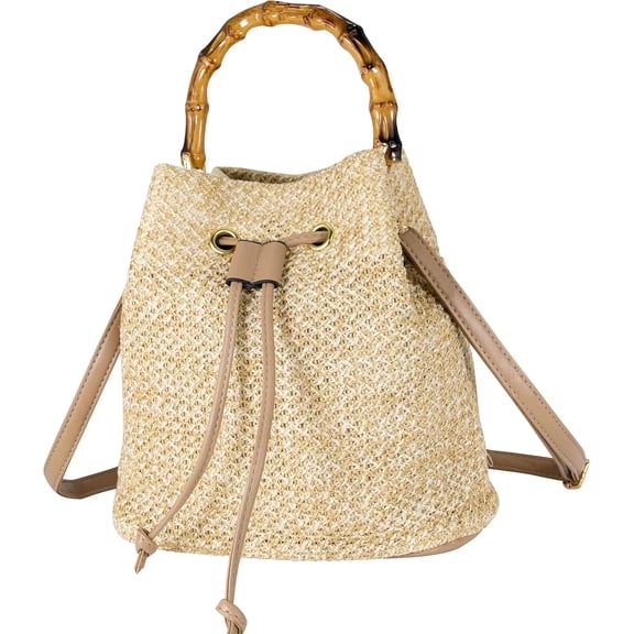 Women Beach Bag Summer Straw Woven Shoulder Bag Crossbody Bucket Handbags Handmade Hobo Purse Bamboo Handle