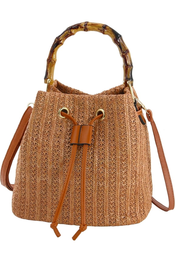 Women Beach Bag Summer Straw Woven Shoulder Bag Crossbody Bucket Handbags Handmade Hobo Purse Bamboo Handle