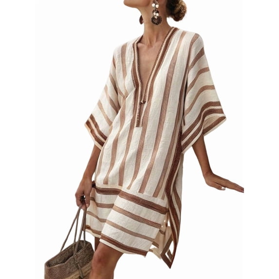 Women Beach Boho Color Block Swing Flowy Mini Dress Half Sleeve V Neck Side Slit Short Dress Brown S