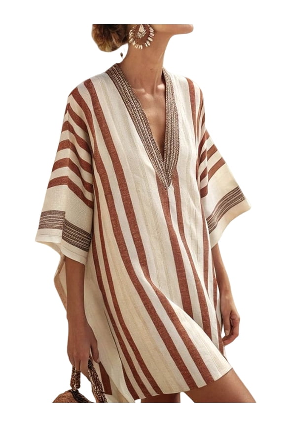 Women Beach Boho Color Block Swing Flowy Mini Dress Half Sleeve V Neck Side Slit Short Dress Burgundy XL