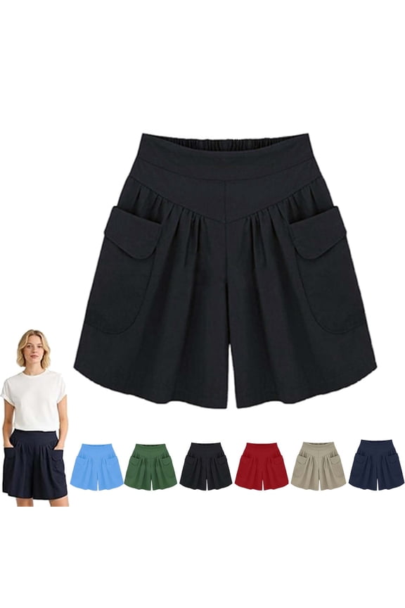 Women Beach Casual Hot Shorts with Elastic Waistband, Summer Plus Size High Waisted Shorts Women, Casual Sporty with Pockets (Black, L)