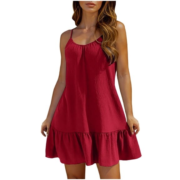 Women Beach Cover Up Dresses Spaghetti Strap Short Dresses Summer Coverups Casual Flowy Ruffle Hem Sundresses