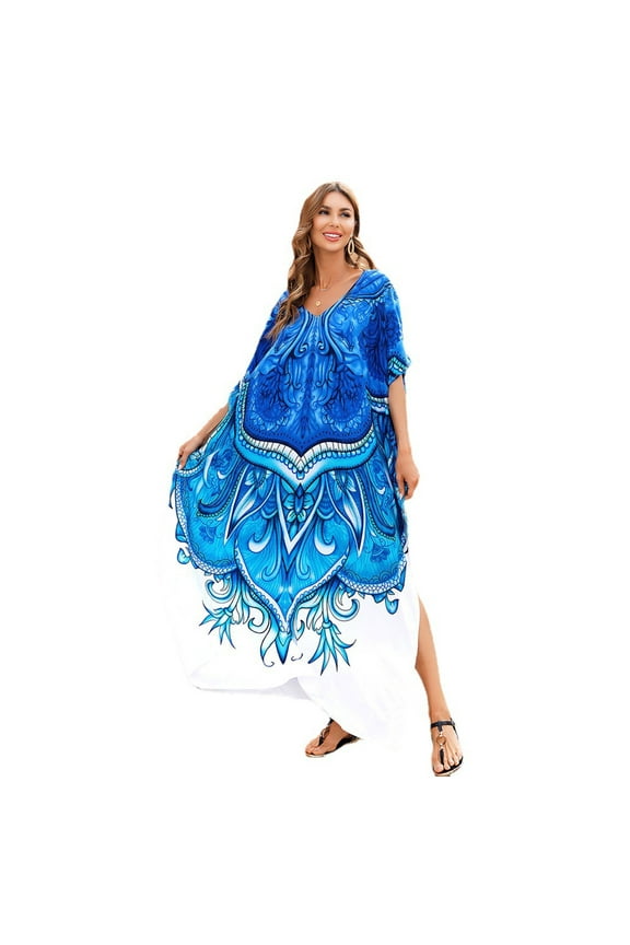 Women Beach Cover Up Long Robe Batwing Sleeve V-Neck Turkish Kaftan Gradient Blue White Floral Digital Print Swimsuit Oversized Maxi Dress
