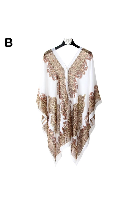 Women Beach Cover Up Poncho Beachwear Fashion Summer Shawl Chiffon Beach Bikini Buttons Loose Top With Scarf Kaftan T2m0 Blouse