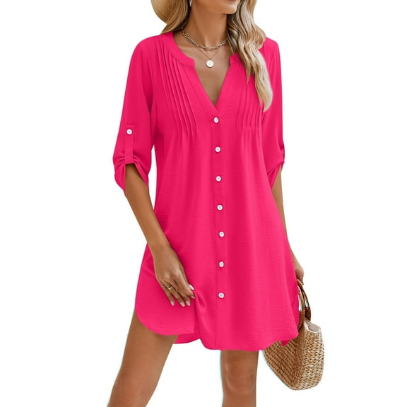 Gdvsclr Women Beach Cover Ups V Neck Button Down Swimsuit Coverup Swimwear Bathing Suit Cover Up Rose Red XXL