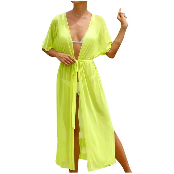 Women Beach Cover Ups V Neck Lace up Swimsuit Coverup Swimwear Bathing Suit Cardigan Green Free Size