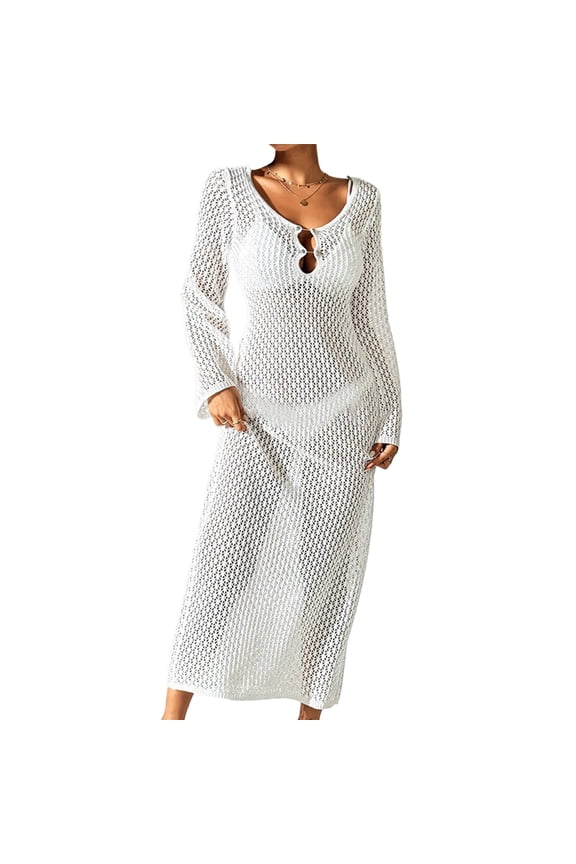 Women Beach Coverup Backless Long Sleeve Crochet Swimsuit Coverups Crochet Beach Dress Full Length Beach Coverup Dress