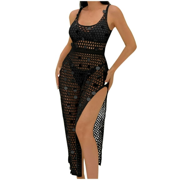 Women Beach Crochet Cover Ups Dress Summer Sleeveless Knit Sequin Swimwear Mesh Bathing Suit Hollow out Dress 2025 Beachwear Cute One-Piece Swimsuit Black S