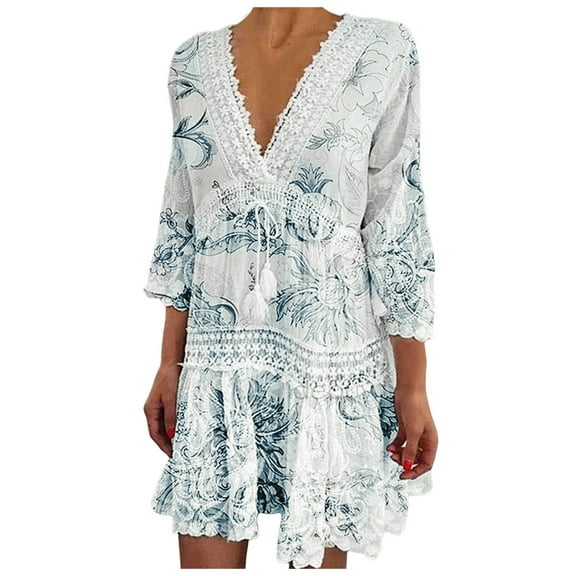 Women Beach Dress Polyester V Neck Jacquard Quarter Sleeve Bohemian Cutout Dress