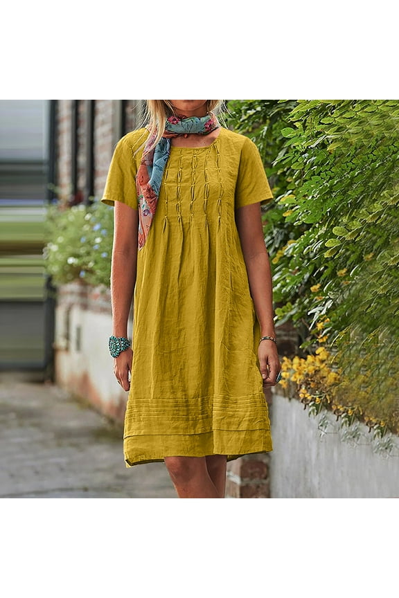 Women Beach Fashion,Sriper Cotton Linen Mini Dress,Solid Color Short Sleeve T Shirt Dress Maxi,Vestidos De Mujer Casuales,Dresses for Wedding Guest,Yellow L