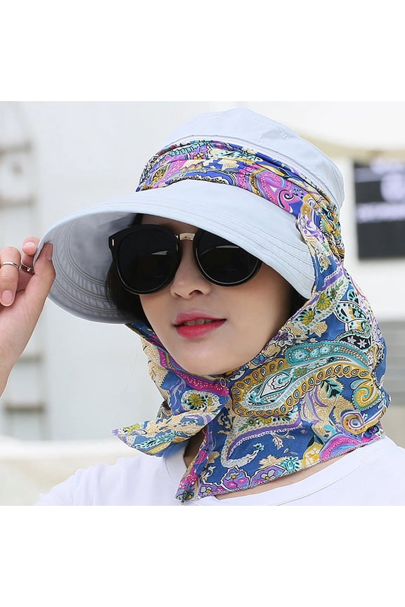 Women Beach Foldable Sunscreen Floral Print Caps Neck Face Care Wide Brim Hat New Summer Outdoor Riding  Women Sun Hats UPF 50 Sun Protection Hat Neck Shield Flap Visor Hat Ponytail Hats Wide Brim