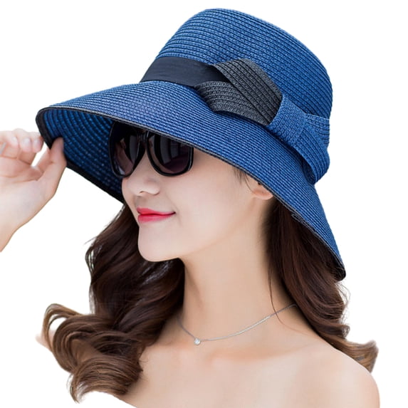 Women Beach Hat Foldable Breathable Sun Protection Wide Brim Contrast Color Anti-UV Decorative Straw Hat Women Fisherman Hat Camping Supplies