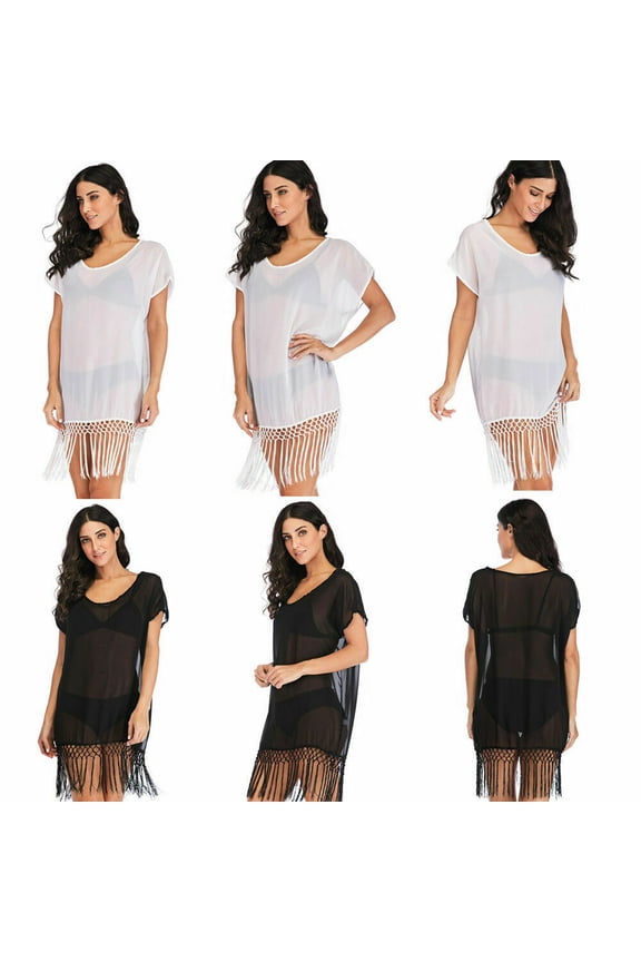 Women Beach Hot Bikini Sling Skirt Fringe Dress Swimwear Black And White