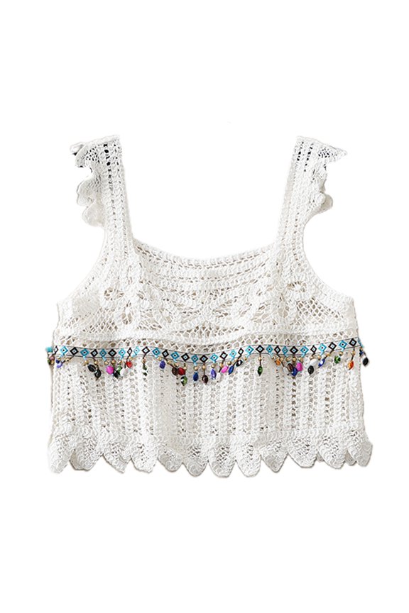 Women Beach Ruffle Sleeveless Crop Top Crochet Square Neck Beads Tassel Camisole