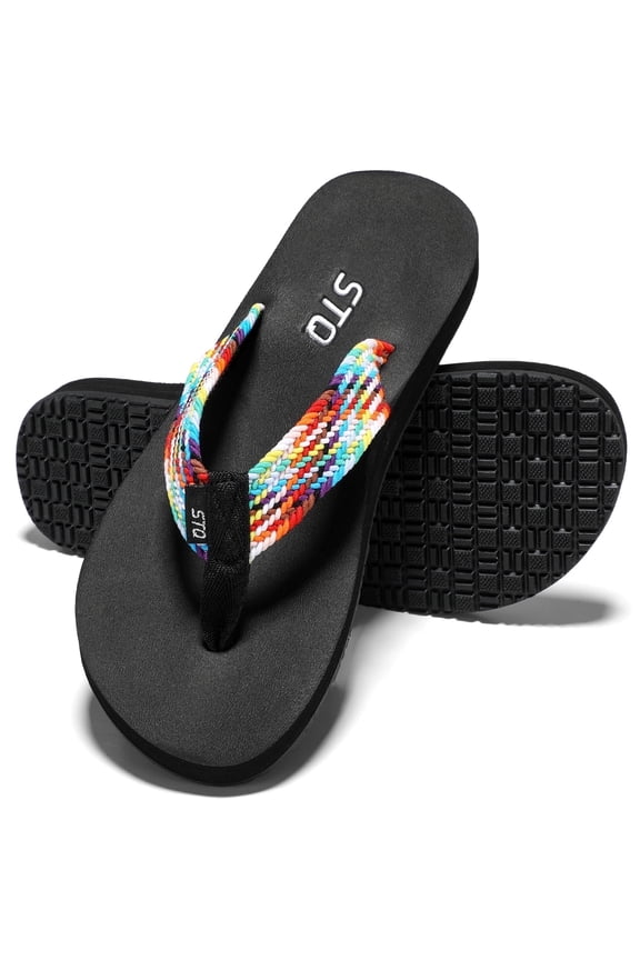 Women Beach Sandals Lightweight Flip Flops Non Slip Summer Thong Sandals with Arch Support Weave Rainbow US 8