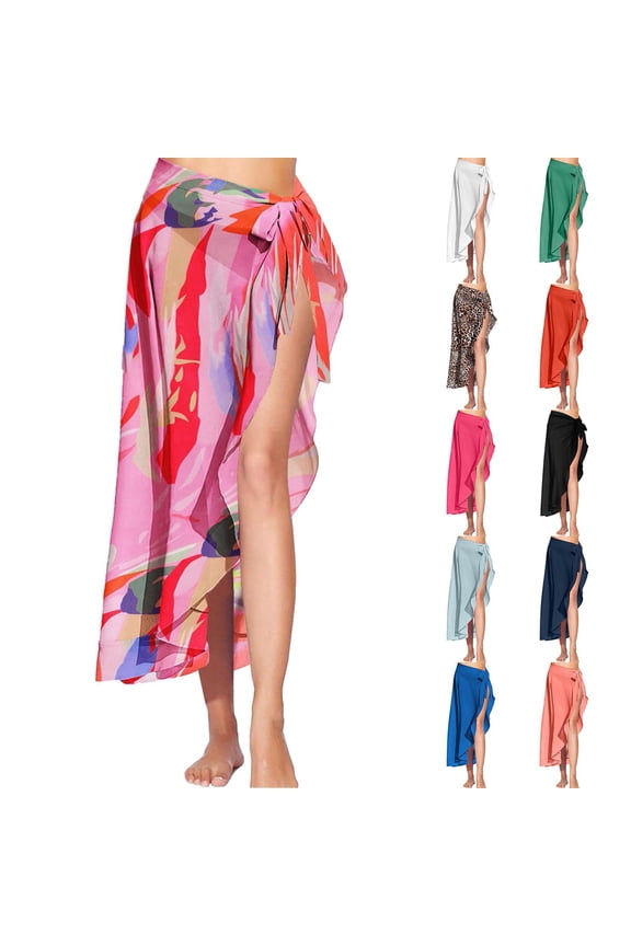 Women Beach Sarong LSQii Casual Fashion Ruffle Tie Long Sheer Chiffon Swimsuit Cover Up Solid Color Skirt Beach Wrap for Swimwear Summer Beach (Light Blue)