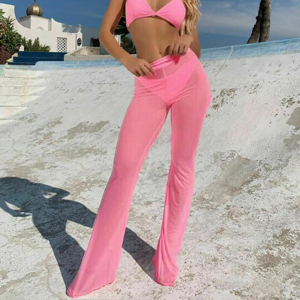 Women Beach See-Through Long Pants Mesh Sheer Bikini Cover Up Flare  Trousers 