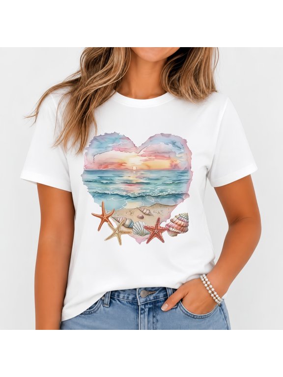 Women Beach Sunset Heart Starfish Shell Graphic T-Shirt
