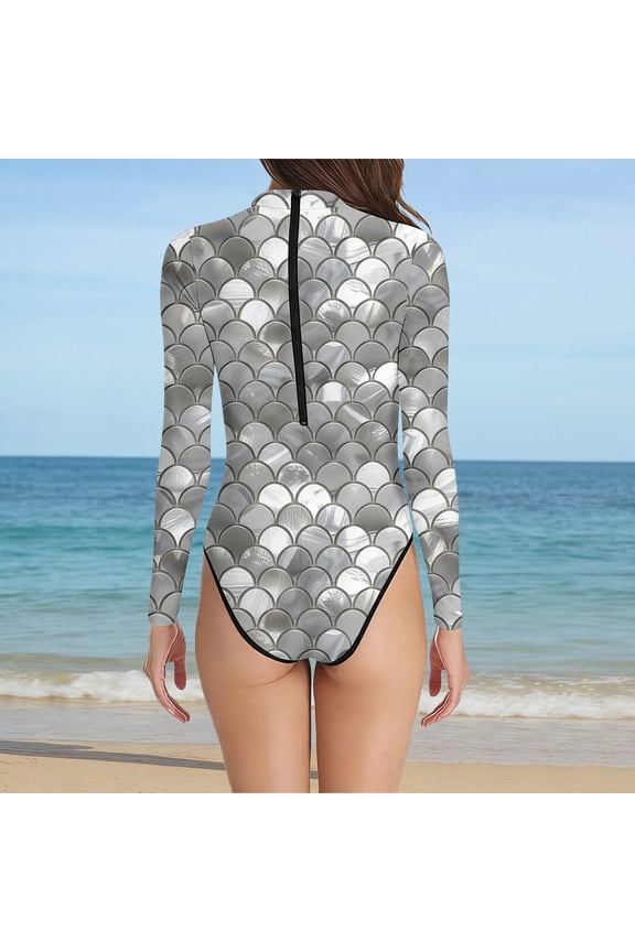 Women Beach Vacation 3D Digital Print Fish Scale Long Sleeve One Piece Swimsuit High Stretch Quick Dry Beach Pool Party Swimwear Silver XXL