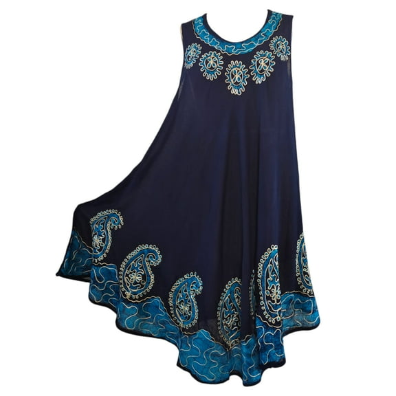 Women Beach Wear Navy Blue Rayon Umbrella Dress Tunic Embroidery Top One Size Maxi Kaftan For Summer