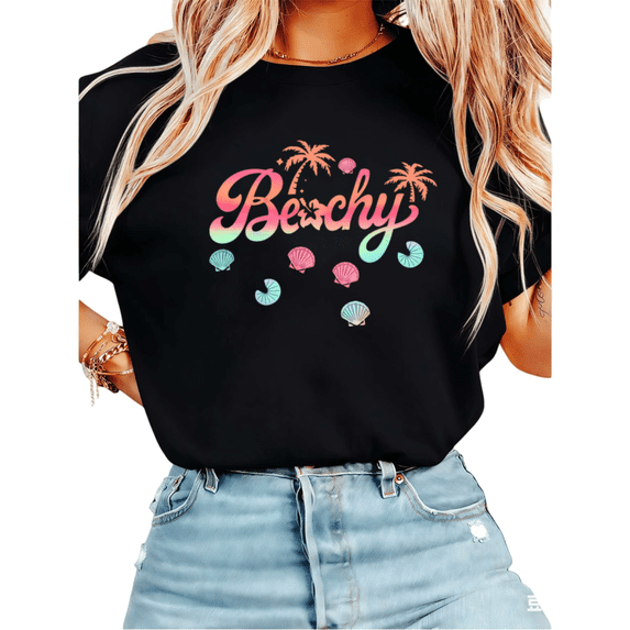 Women Beachy Pink Teal Gradient Shell Palm Tree Graphic Tees T-Shirt Tops Round Neck Cotton T-Shirt Black S-5XL