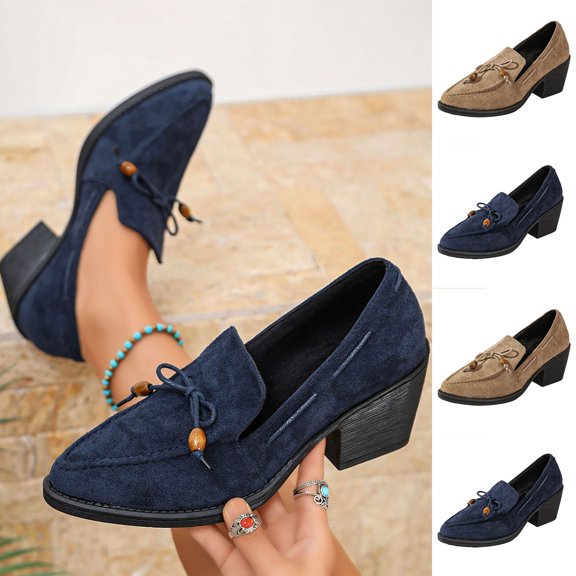 Women Bead Bow Decor Suede Block Heel Loafers, Pointed Slip On Western Cowboy Shoes, Soft Faux Suede Mid Heel Footwear Khaki 9.5(43)