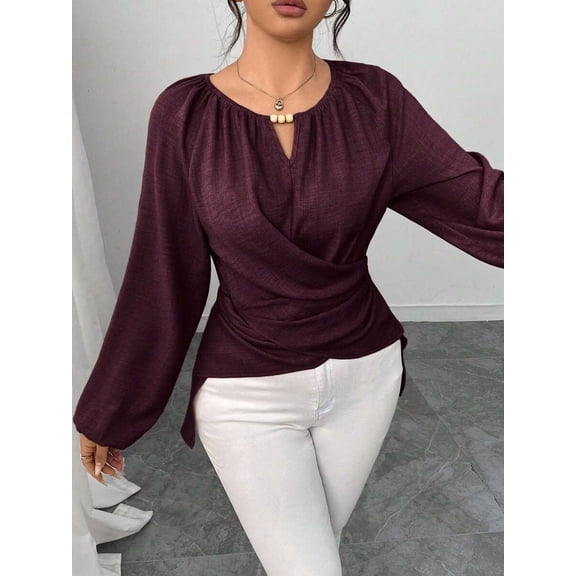 Women Beaded Notch Neck Wrap Blouse Long Sleeve Cinched Waist Casual Top