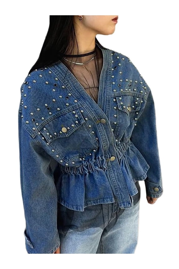 Women Beaded V Neck Button Down Motorcycle Denim Jacket Cinched Waist Streetwear Fall Clothes Trendy Dark Blue XL