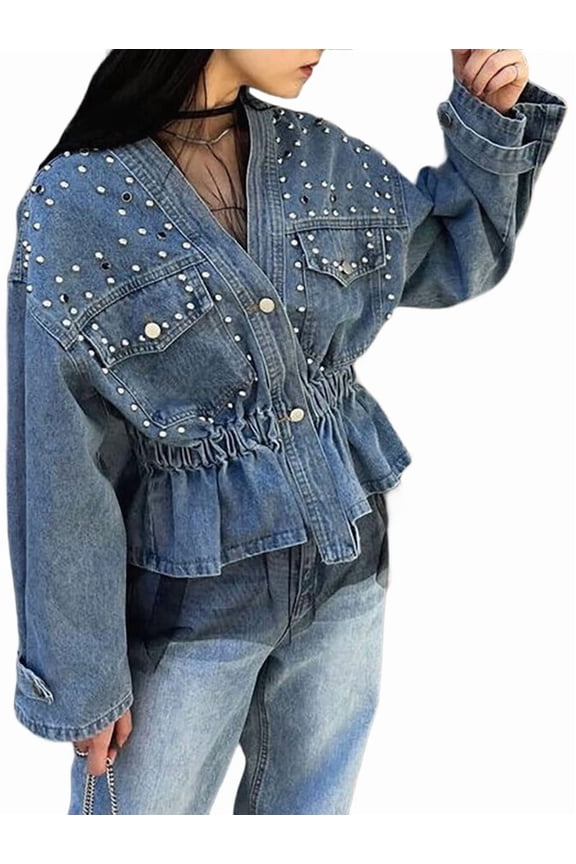 Women Beaded V Neck Button Down Motorcycle Denim Jacket Cinched Waist Streetwear Fall Clothes Trendy Light Blue XXL