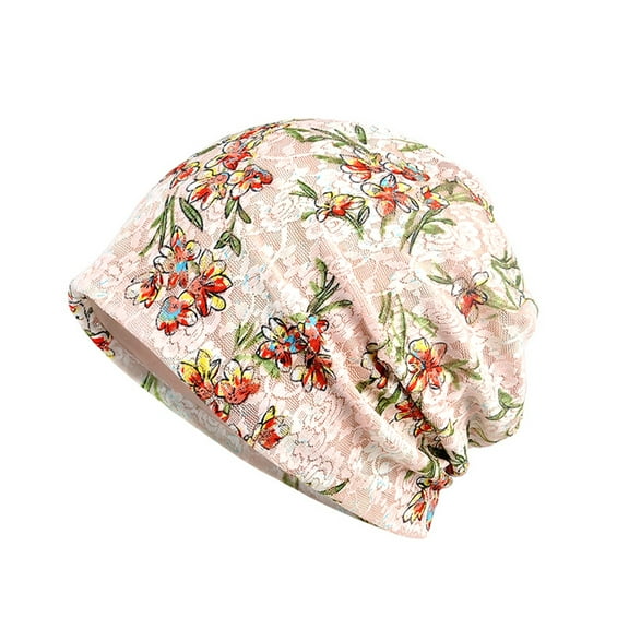 Women Beanie Hat, Fashion Lace Jacquard Floral Pattern Double-layer Breathable Skin-friendly Modal Sleep Maternity Skull Cap Turban Headwear for Sports Sleeping