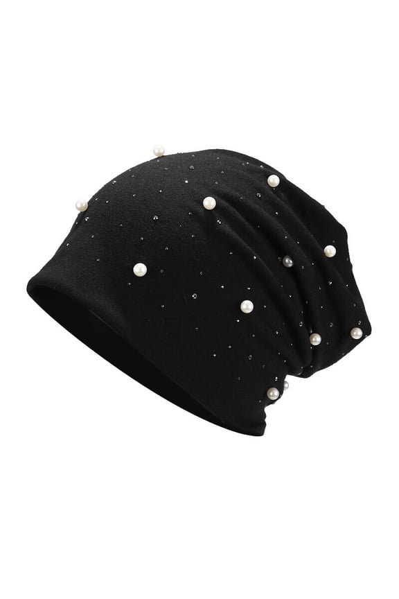 Women Beanie Hat Pearl Rhinestone Cotton Knit Slouch Cap Winter Fall Outdoor