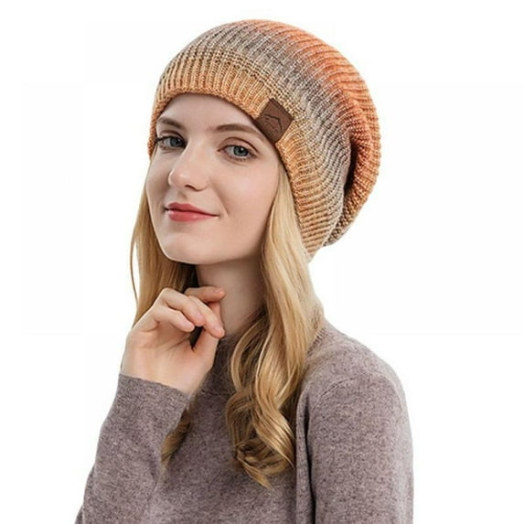 Women Beanie Winter Knitted Thickened Warm Hat Gradient Color Tie-dye Woolen Yarn Cap Fleece Lined Hat