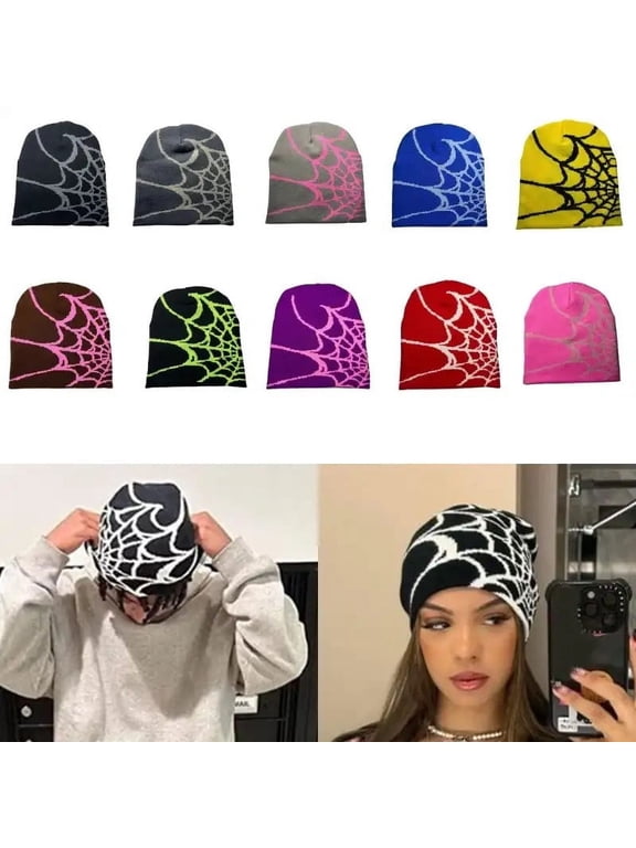 Women Beanie Winter Warm Beanies Men Casual Skullies Outdoor Y2K Gothic Spider Pattern Wool Acrylic Knitted Hat