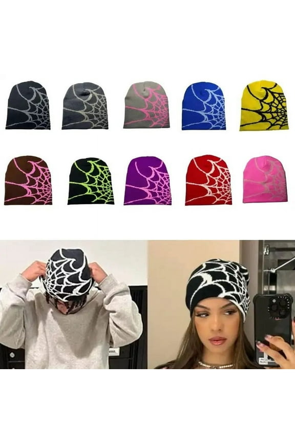 Women Beanie Winter Warm Beanies Men Casual Skullies Outdoor Y2K Gothic Spider Pattern Wool Acrylic Knitted Hat