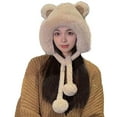 thumbnail image 1 of Women Bear Ear Furry Beanie Hat Cute Winter Warm Thicken Fleece Pom Poms Fuzzy Fluffy Bobble Hat Plush Sherpa Balaclava Cap, 1 of 7