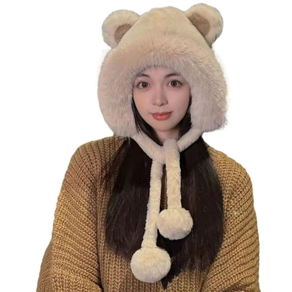 Women Bear Ear Furry Beanie Hat Cute Winter Warm Thicken Fleece Pom Poms Fuzzy Fluffy Bobble Hat Plush Sherpa Balaclava Cap