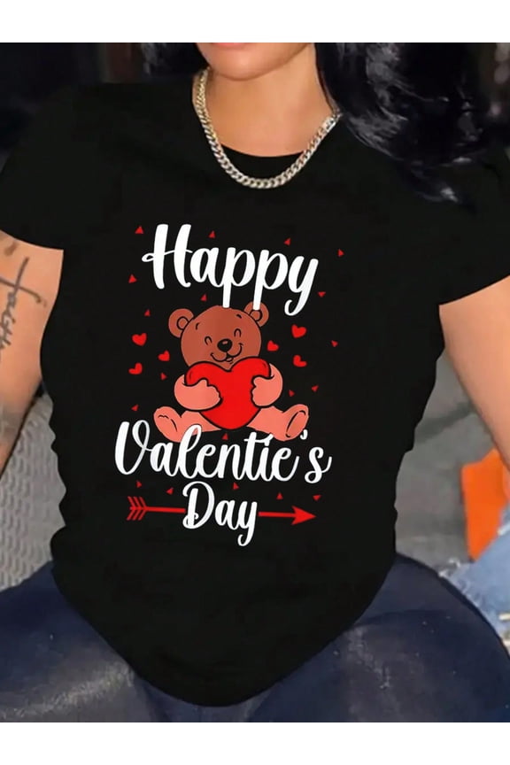 Women Bear Pattern Shirt Cotton T-Shirt Soft Breathable Comfort-Fit Crew Neck Tee