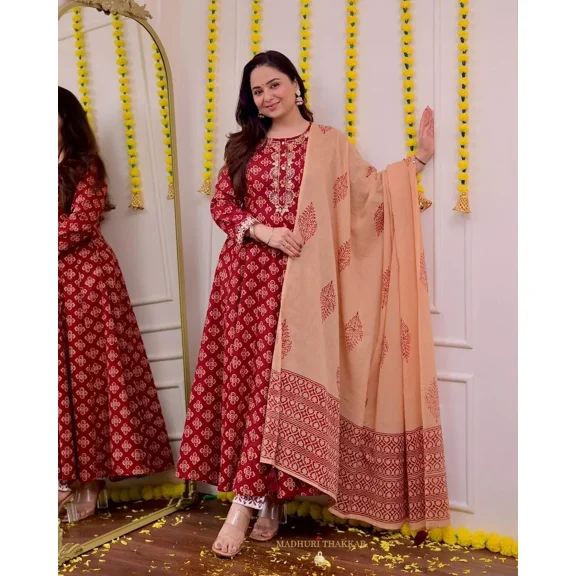 Women Beautiful Aline Kurti Set Bollywood Designer Ethnic Kurta Pant Dupatta Set Round Neck 36