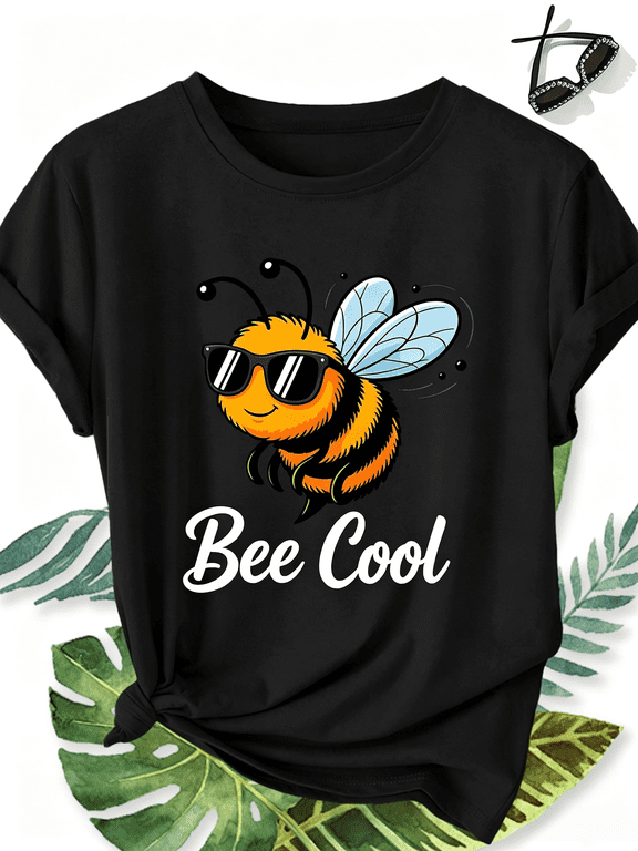 Women Bee Cool Cute Bee Graphic T‑Shirt, Crew Neck Short Sleeve Casual Animal Print Summer Tee Top