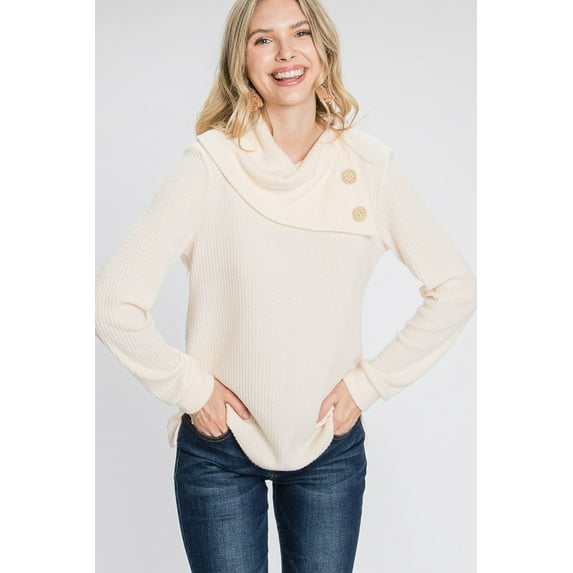Women Beige Buttoned Flap Mock Winter Sweater
