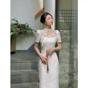Women Beige Long Cheongsam Lace Transparent Floral Vintage Dress Wedding Costumes Traditional Short Qipao S To XXL