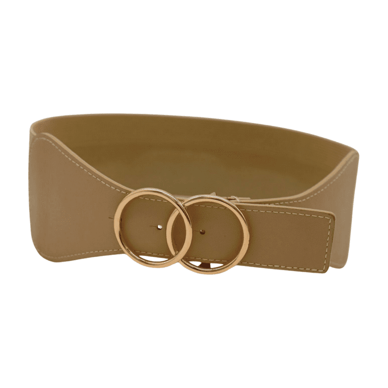 Women Beige Nude Wide Elastic Belt Gold Metal Circle Buckle S M