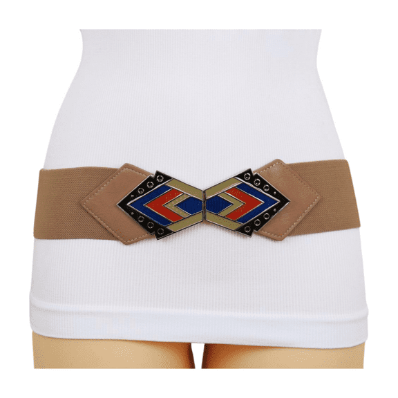 Women Beige Stretch Waistband Wide Belt Tribal Style Buckle S M