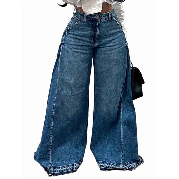 Women Bell Bottom Jeans High Waist Stretch Wide Leg Baggy Flared Pleated Vintage Casual Loose Denim Pants Blue XXL