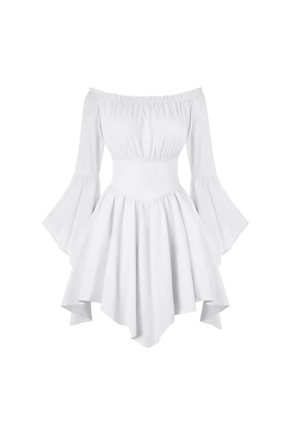 Women Bell Sleeve Romper Off Shoulder Ruffle Dress with Shorts Long Sleeve Flowy Layered Pirate Jumpsuit Playsuits Renaissance Costume Off Shoulder Fairy Dress