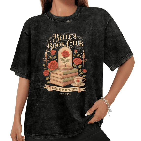 Women Belle's Book Club Rose Book Graphic Tees T Shirt Tops Round neck Printed Cotton Washed T Shirt Black S-2XL Plus Size