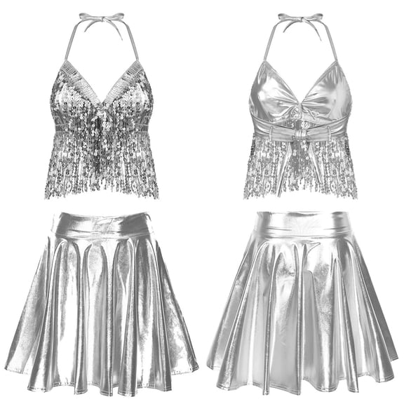 Women Belly Costume Shiny Sequin Camisole Vest with Ruffled Skirt Dancewear 2pcs Pole Dance Suit Clubwear