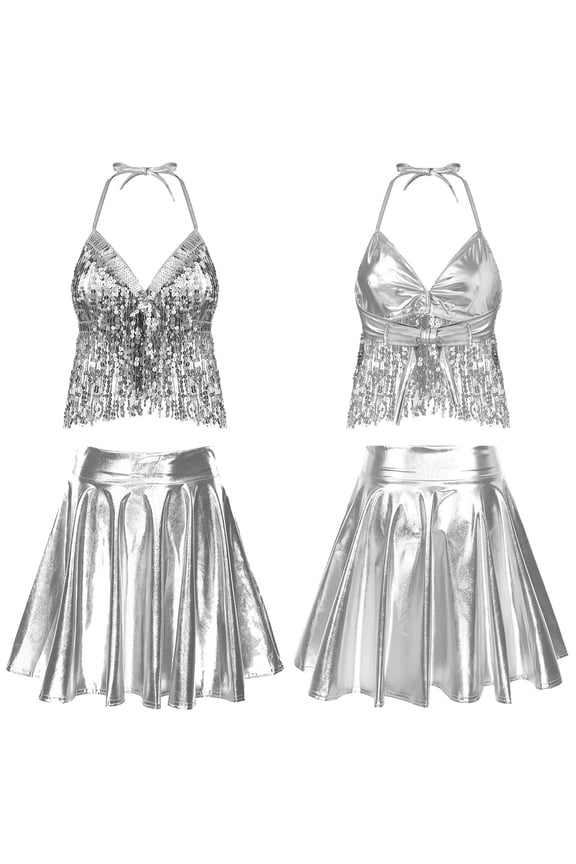 Women Belly Costume Shiny Sequin Camisole Vest with Ruffled Skirt Dancewear 2pcs Pole Dance Suit Clubwear