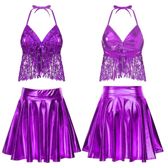 Women Belly Costume Shiny Sequin Camisole Vest with Ruffled Skirt Dancewear 2pcs Pole Dance Suit Clubwear